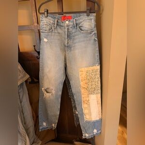 MOTHER + Carolyn Murphy The Patchwork Tomcat Ankle Undone Hem Jeans, size 30